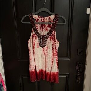 Velvet Red Tie-Dye Tank Top with Bead Accents